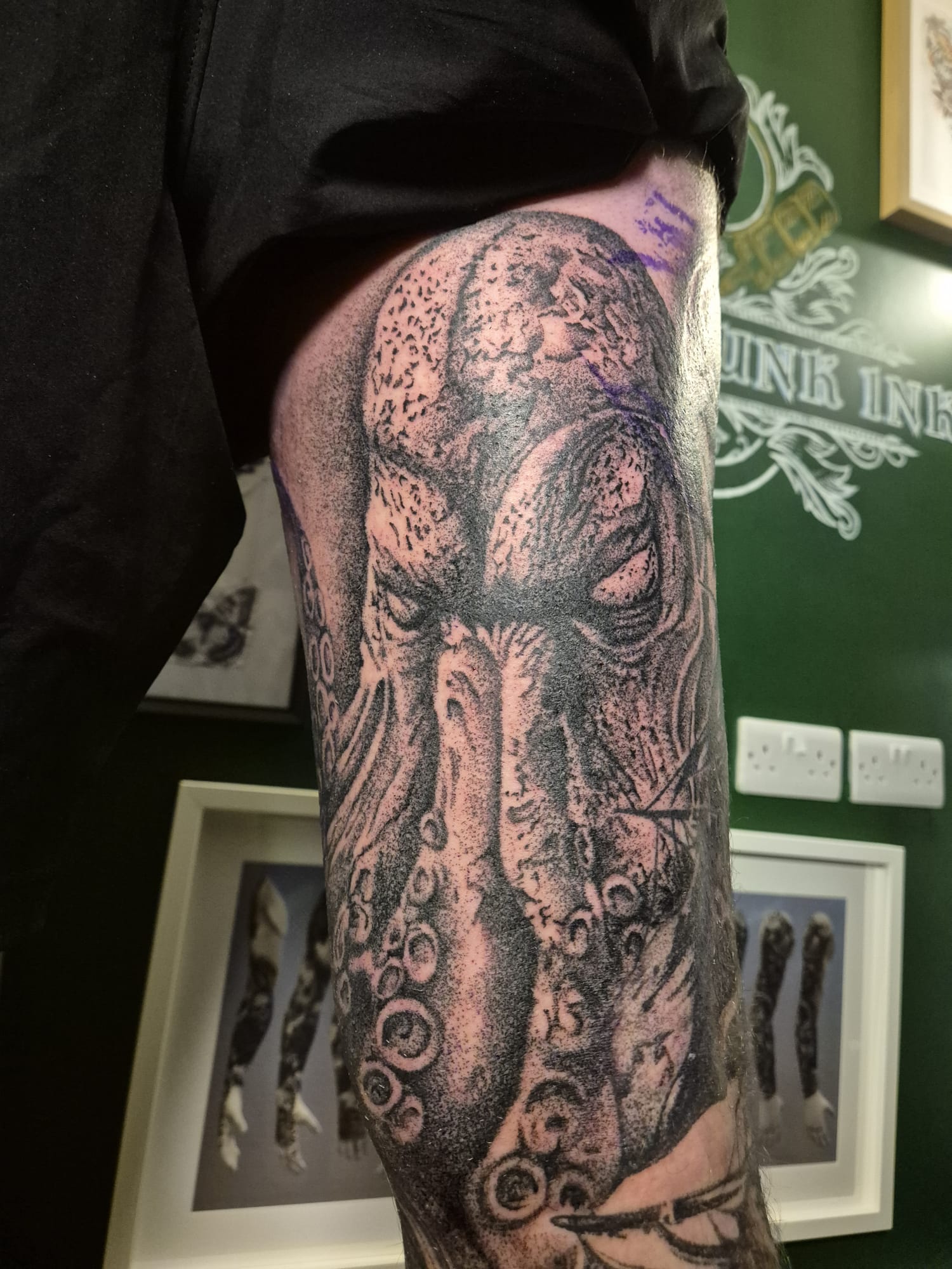 Full black and grey tattoo sleeve with detailed artwork in Hazel Grove