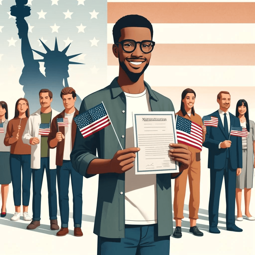 A diverse group of new U.S. citizens holding American flags and a naturalization certificate, with a proud individual in the foreground and the Statue of Liberty silhouette in the background, symbolizing the achievement of American citizenship through the USCIS naturalization process.