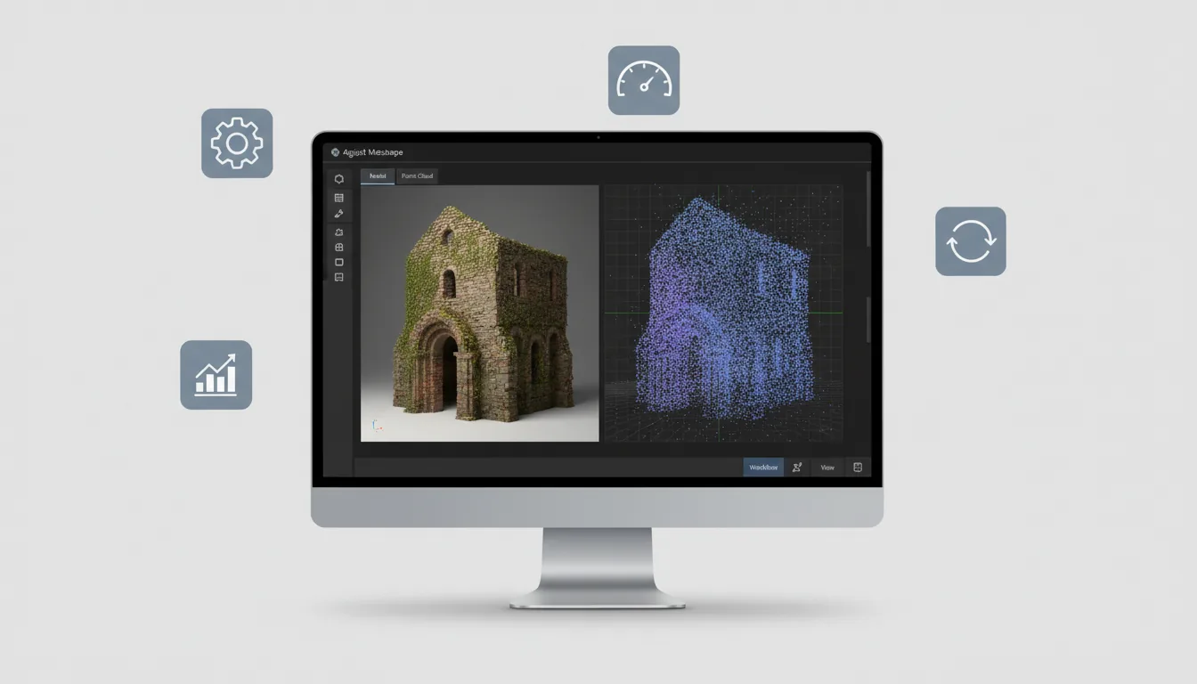 A clean, stylized illustration of a modern desktop monitor on a light gray textured background. The screen displays the Agisoft Metashape photogrammetry software in a dark mode UI. The interface is split, with a detailed 3D model of an old stone building on the left and its corresponding dense 3D point cloud on a grid on the right. Floating around the monitor are minimalist icons in muted blues: a gear, a speedometer, a circular up-arrow, and a bar graph trending upwards. The entire composition has a clean, technical aesthetic with a soft drop shadow.