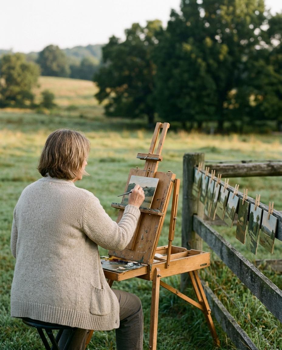 A painter at an easel in a field with small finished paintings propped on a fence.