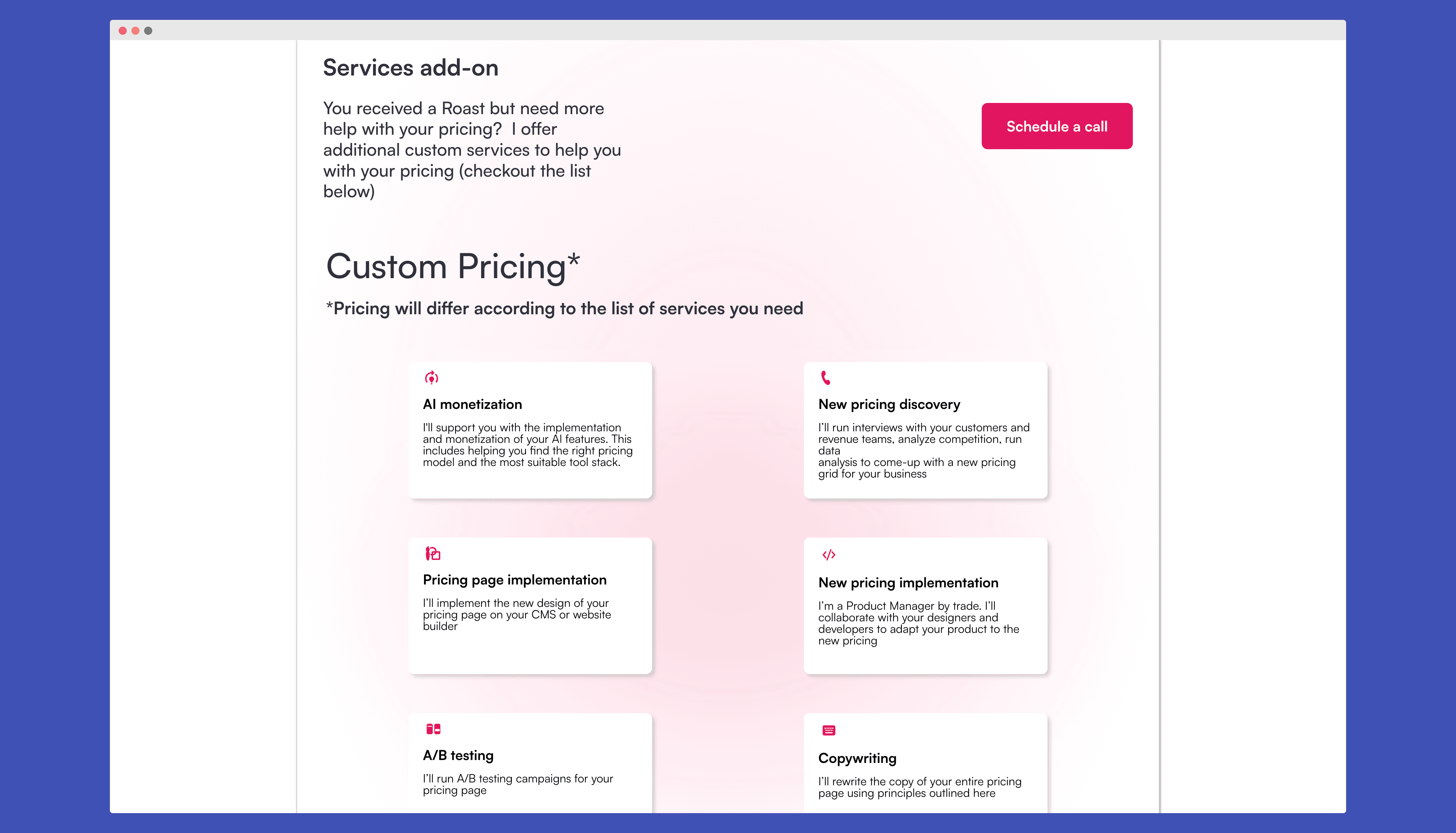 A screenshot of service add-ons for Roast my pricing page