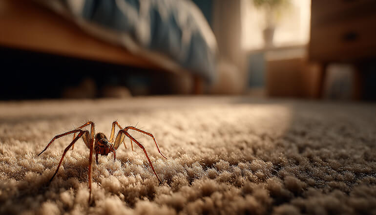 Wolf spider on carpet in a house