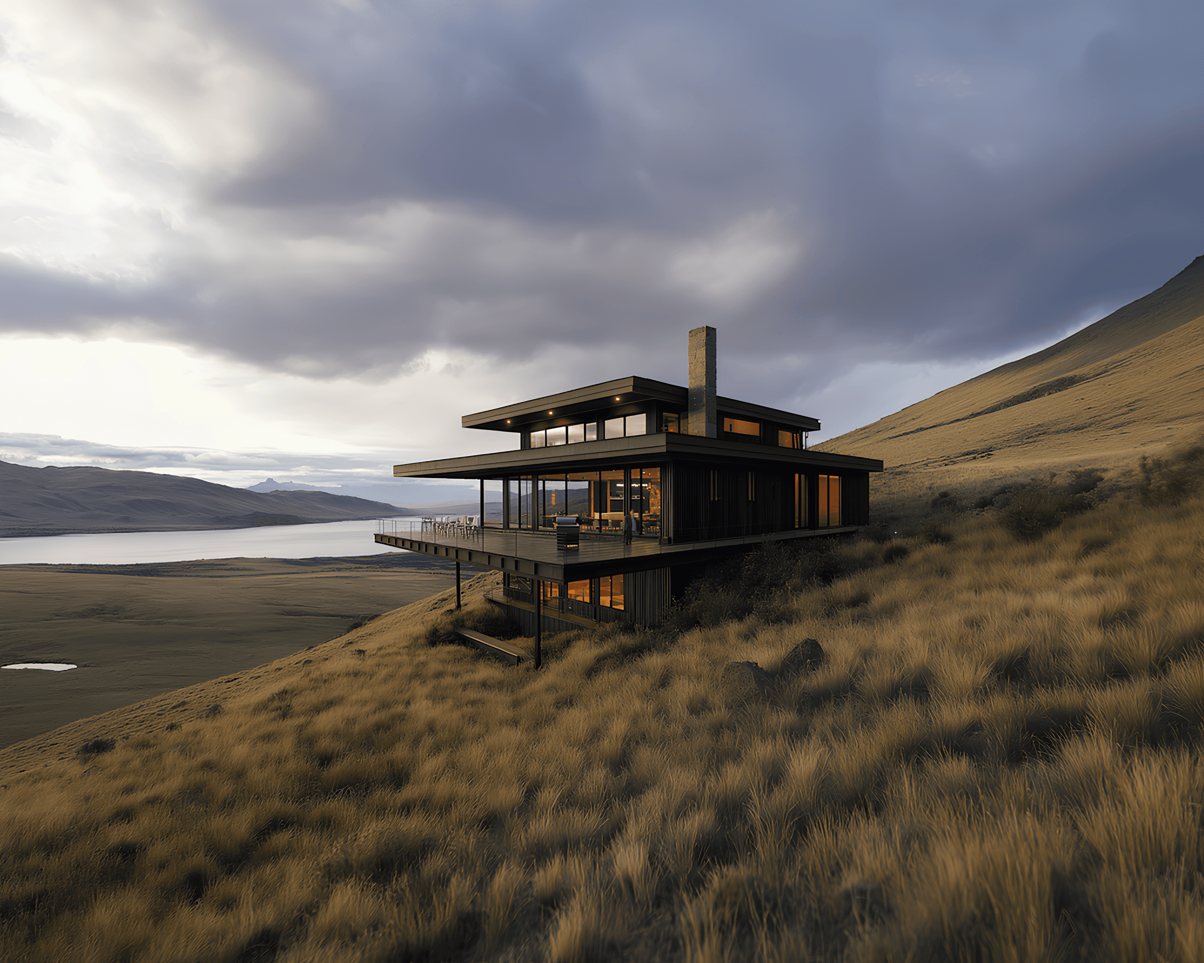 Modern hillside residence overlooking a lake beneath cloudy skies