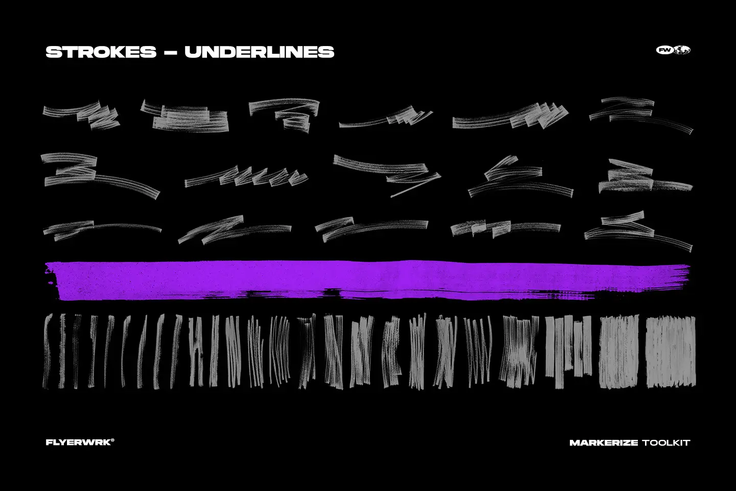 Markerize marker strokes and underlines including various hand drawn gray lines and a bold purple stripe