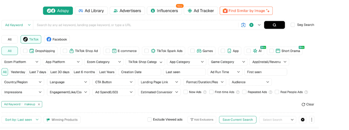 AdSpy platform showing TikTok ad search filters with “makeup” keyword applied