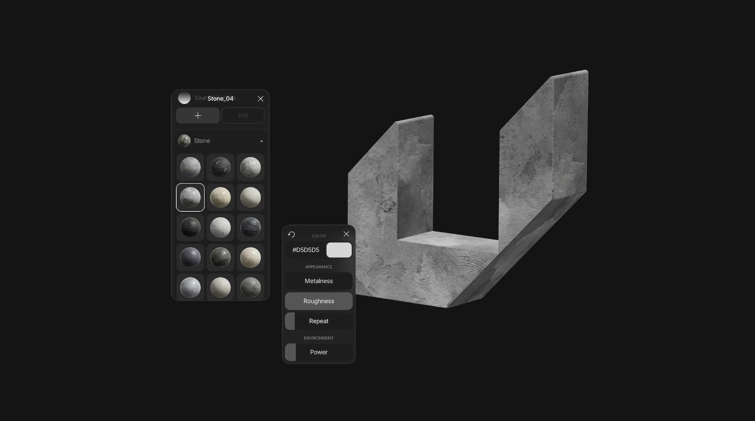 3D concrete logo with texture customization panels showing stone materials and appearance settings on a dark background