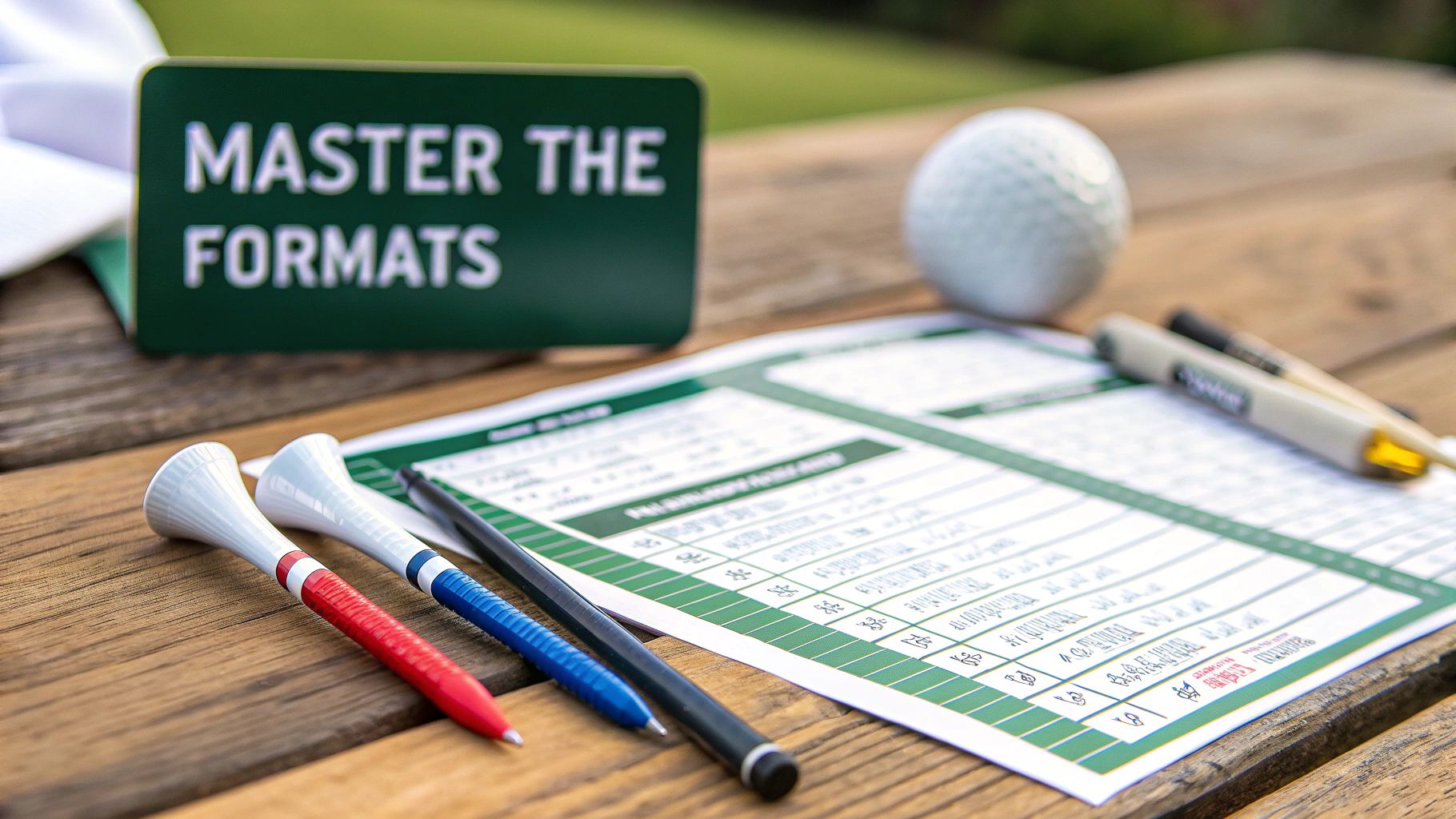 Golf scorecard, ball, pens, and a 'MASTER THE FORMATS' sign on a wooden table.