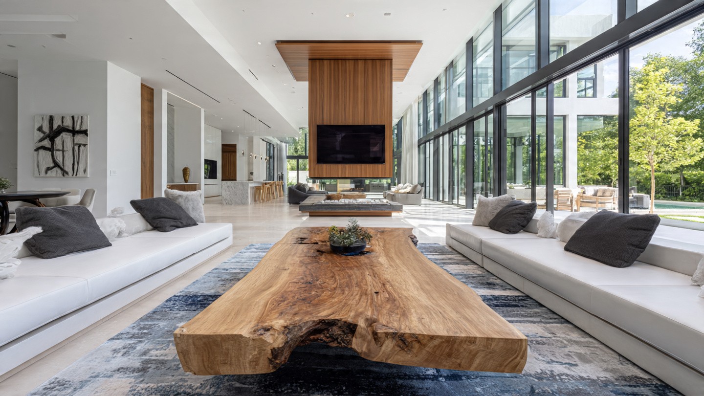 Luxurious modern living room with large glass windows, white sofas, gray cushions, and a natural wood coffee table on a blue-patterned rug. Bright and airy ambiance.