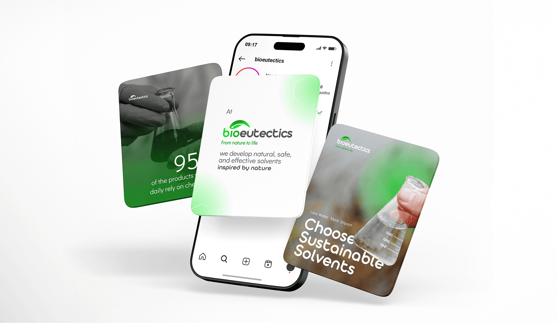 Instagram posts highlighting Bioeutectics' sustainable solvents.