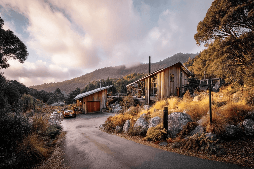 Rustic wooden cabin homes on a forested, rocky hillside road.