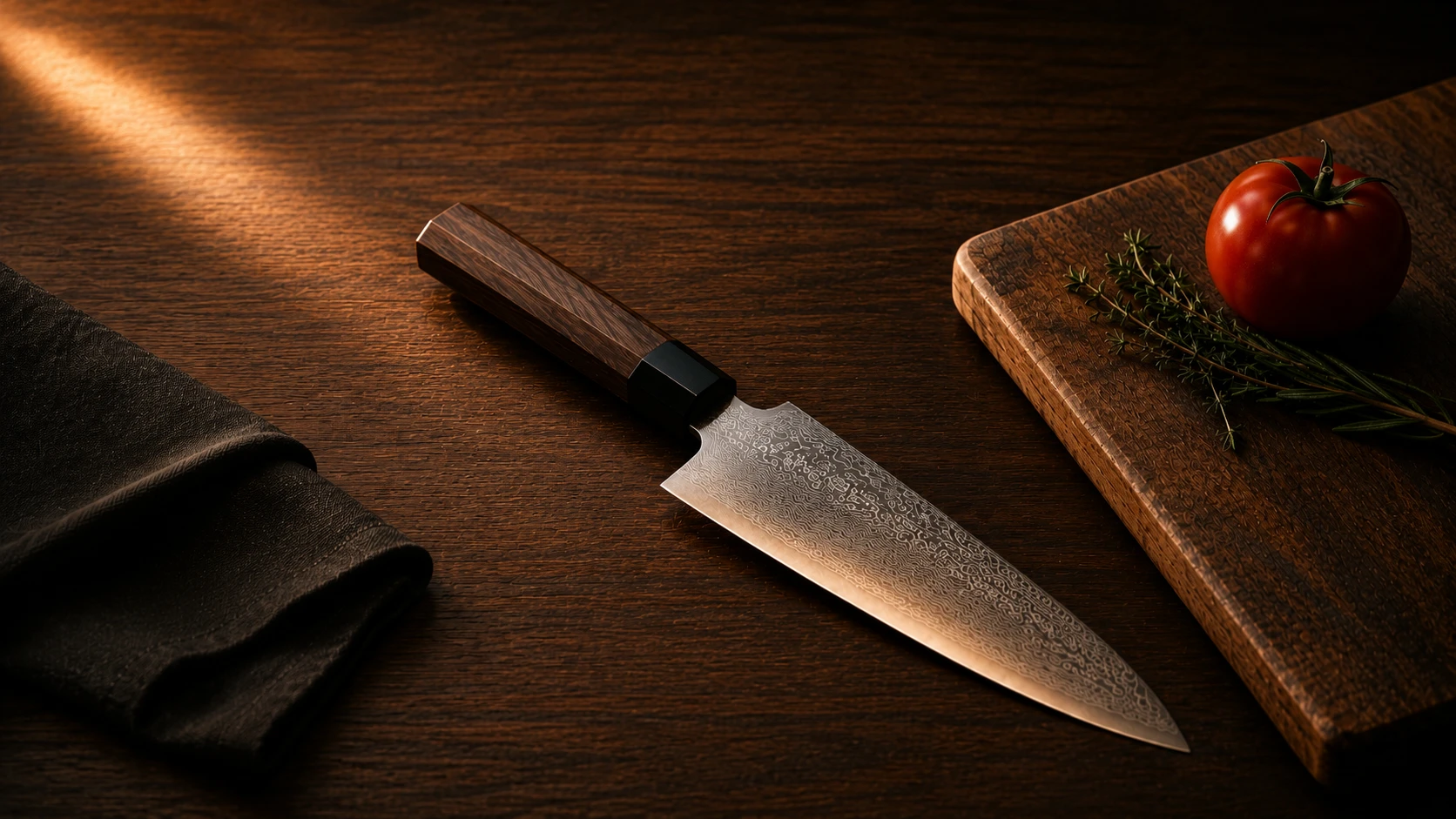 Japanisches Kochmesser mit gemusterter Klinge auf einem Holztisch neben Schneidebrett und Tomate.