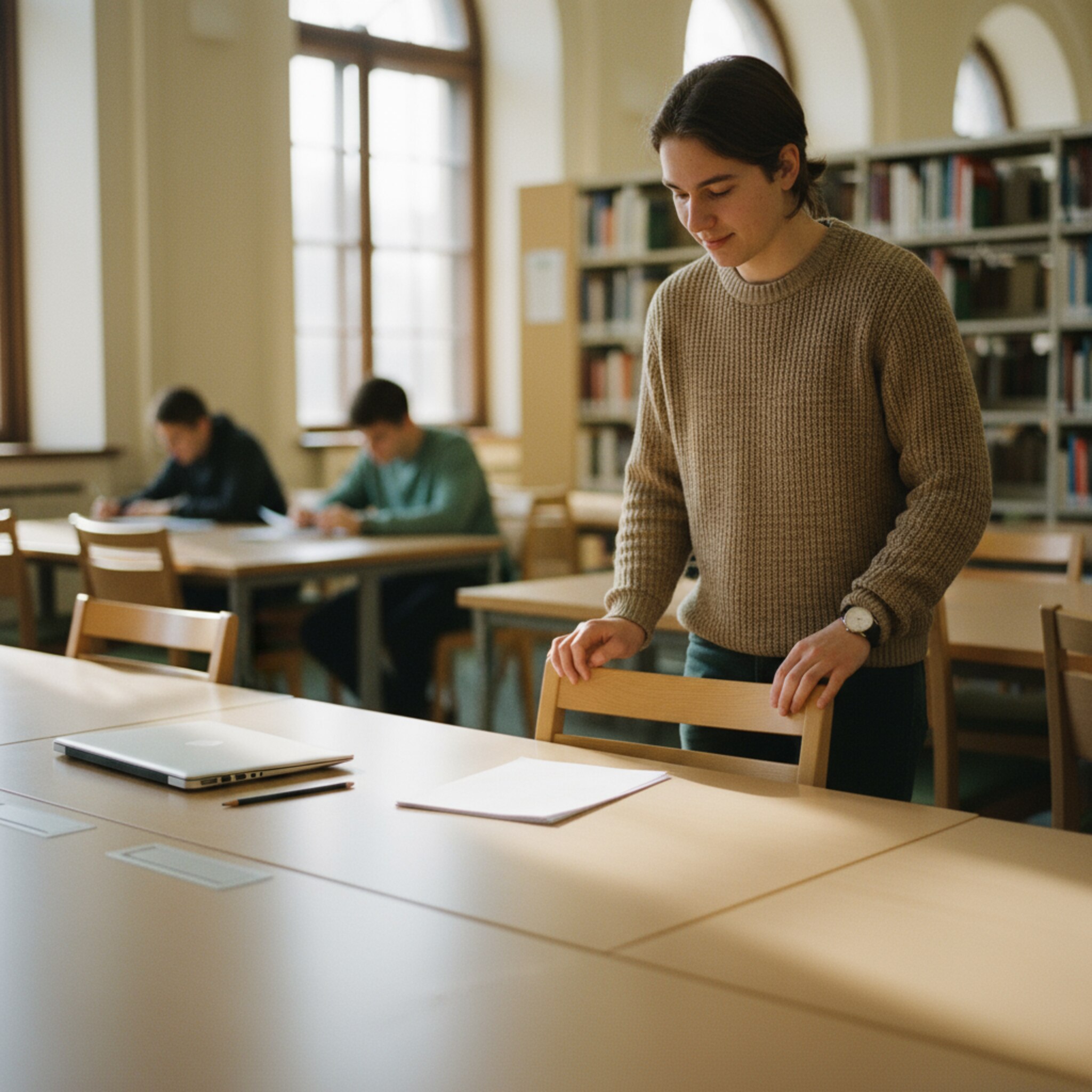 A workspace in the reading room is just being occupied: A person pushes the chair closer, lays out note paper, and audibly exhales. Nearby, it's quiet; the next table is empty and tidy. The scene conveys a swift turnover without rush, everything appears orderly and fair.