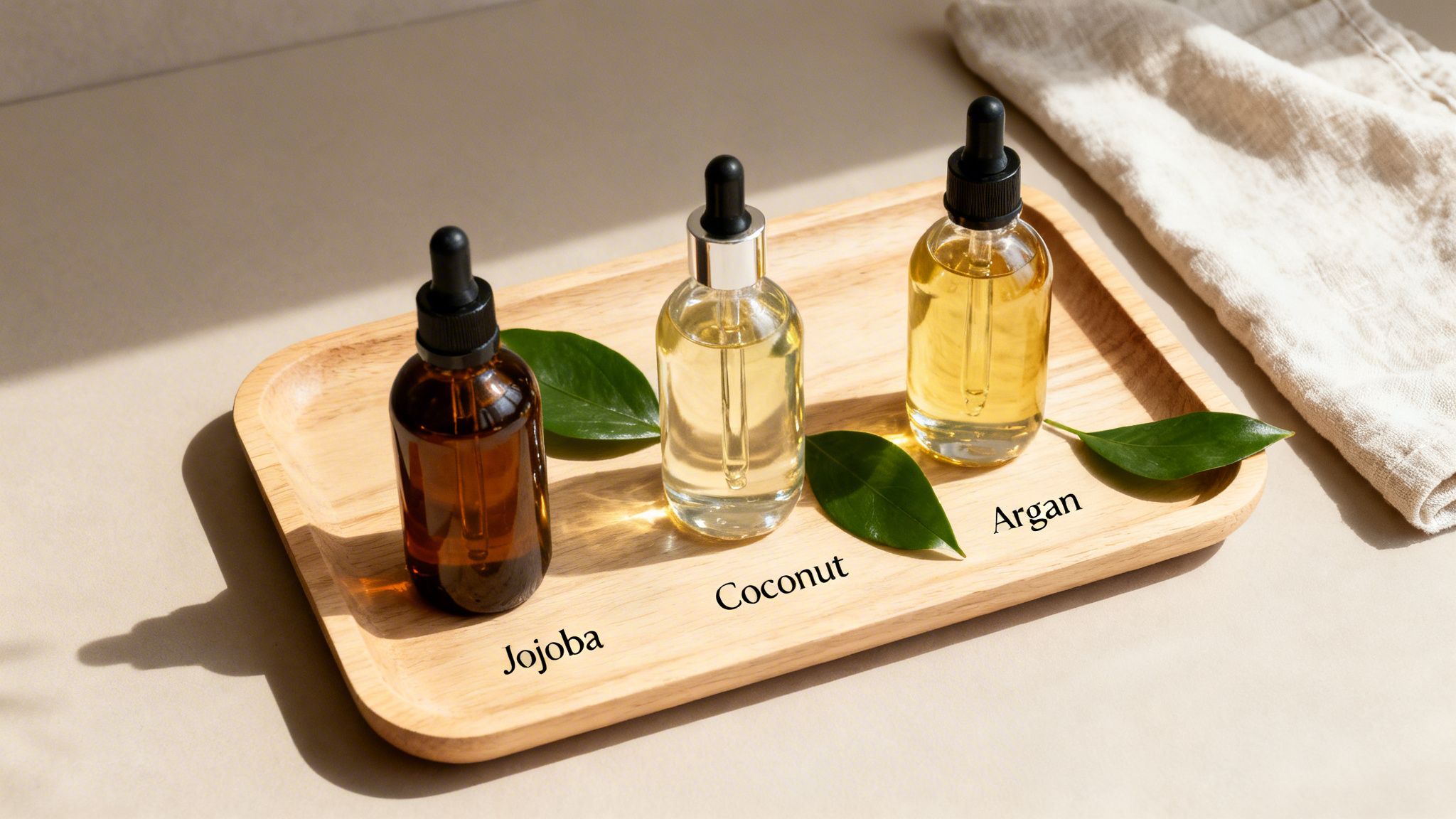 Three bottles of Jojoba, Coconut, and Argan oils on a wooden tray with green leaves.