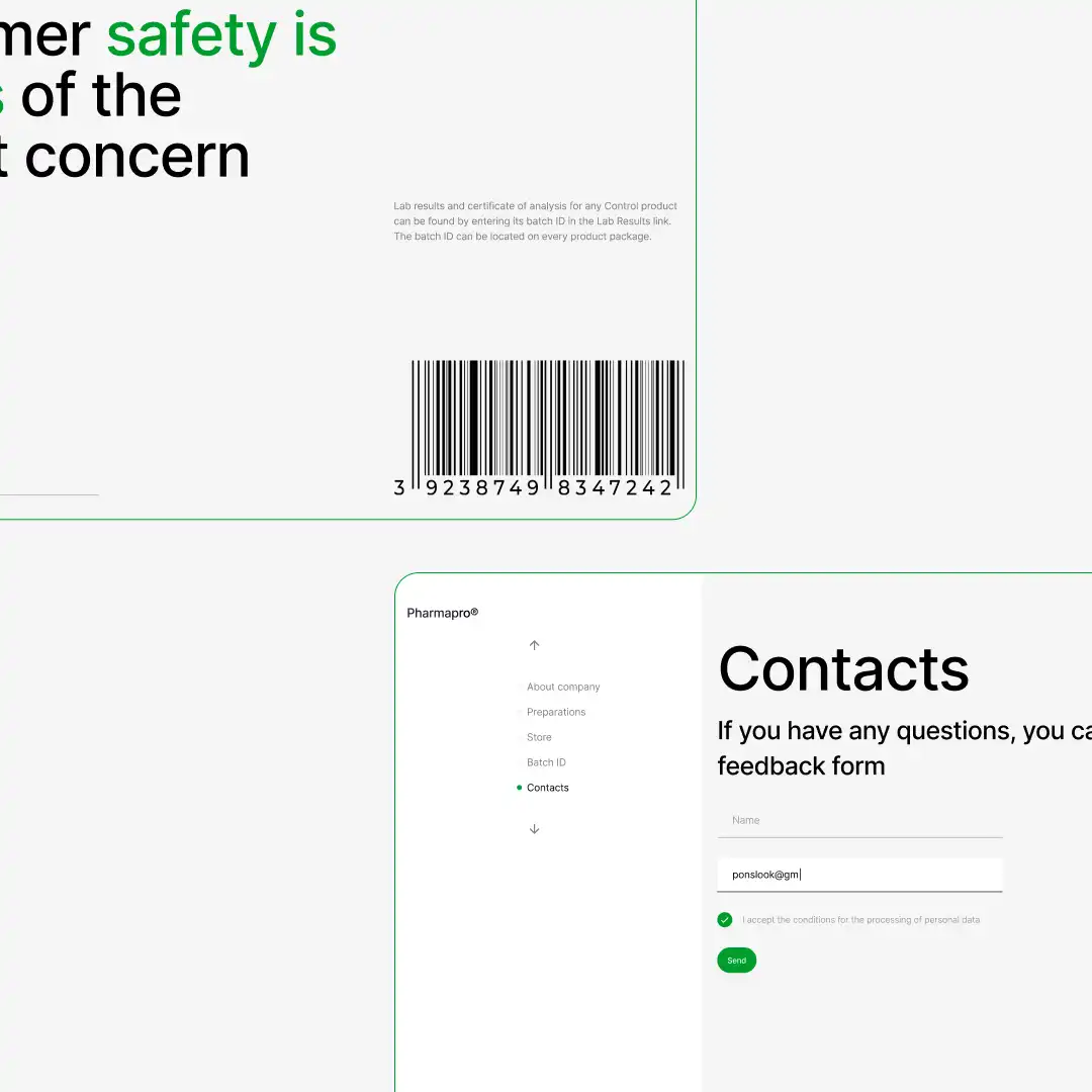Pharmapro contact page form on healthcare website layout