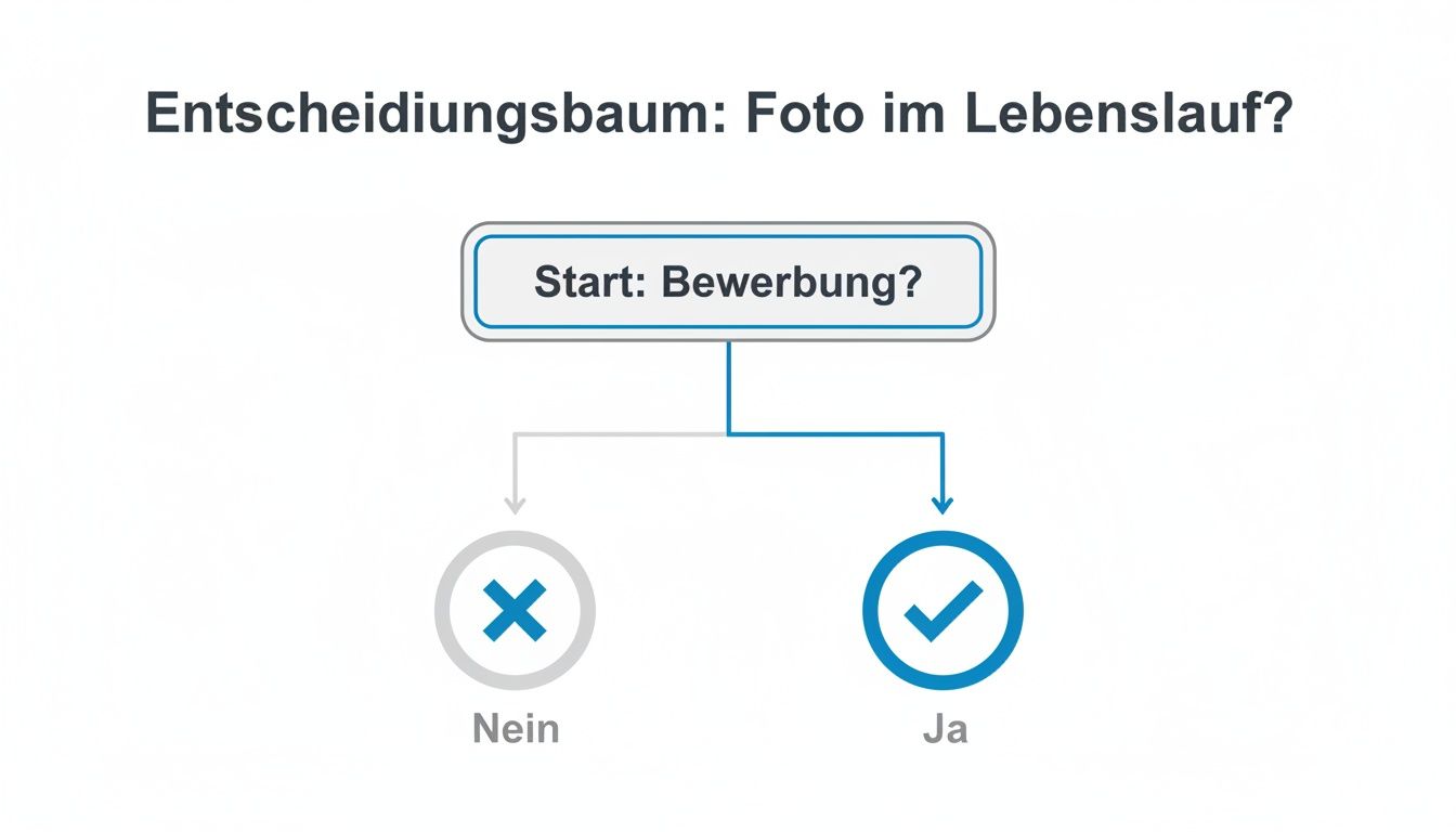 Entscheidungsbaum zur Frage, ob ein Foto in der Bewerbung enthalten sein sollte, mit Ja- und Nein-Optionen.