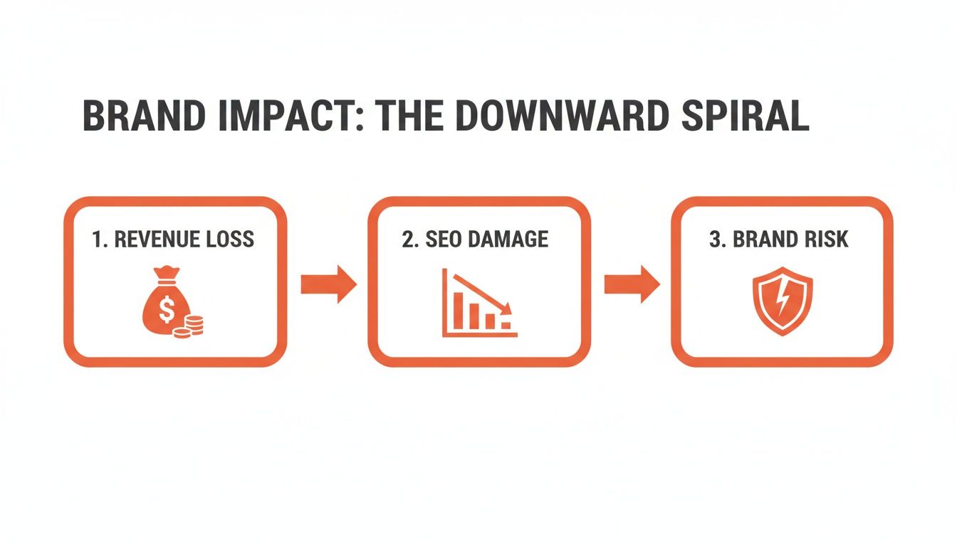 Diagram showing the downward spiral of brand impact, from revenue loss to SEO damage and brand risk.