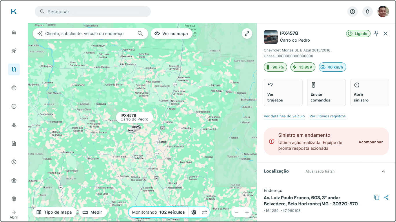 Tela de localização com veículo selecionado depois do redesign