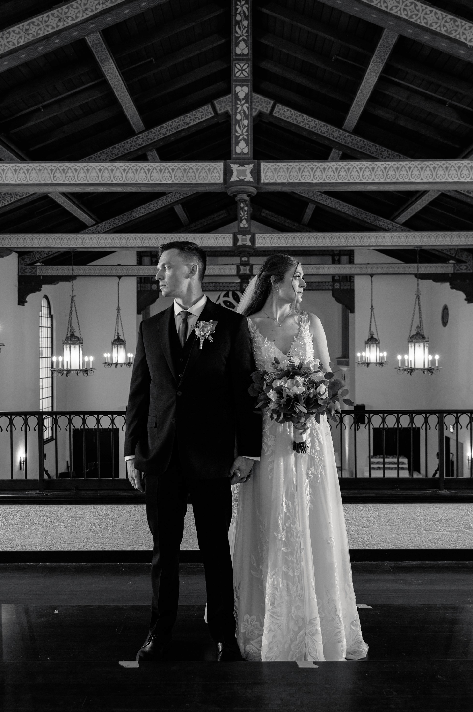 Flat lay wedding details with bouquet, rings, and sparkling bridal heels