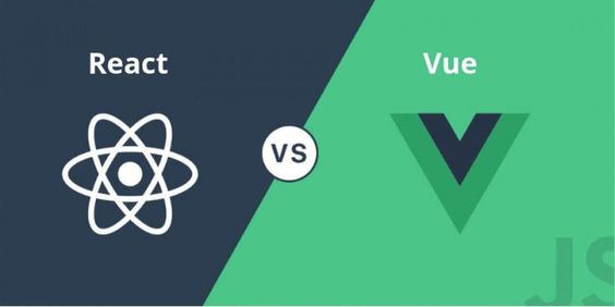 The image is a side-by-side comparison of two popular JavaScript frameworks: React and Vue. It features a split background with React on the left, represented by a dark blue background and the React logo (a stylized atom symbol). On the right, Vue is shown with a green background and its logo (a "V"-shaped symbol in shades of green). Between them, a circle with "vs" indicates a comparison. 