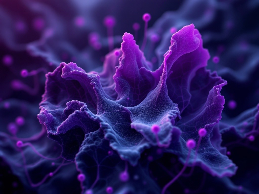 Microscopic image of a purple and blue textured surface with small pink spheres attached to thin purple stems.