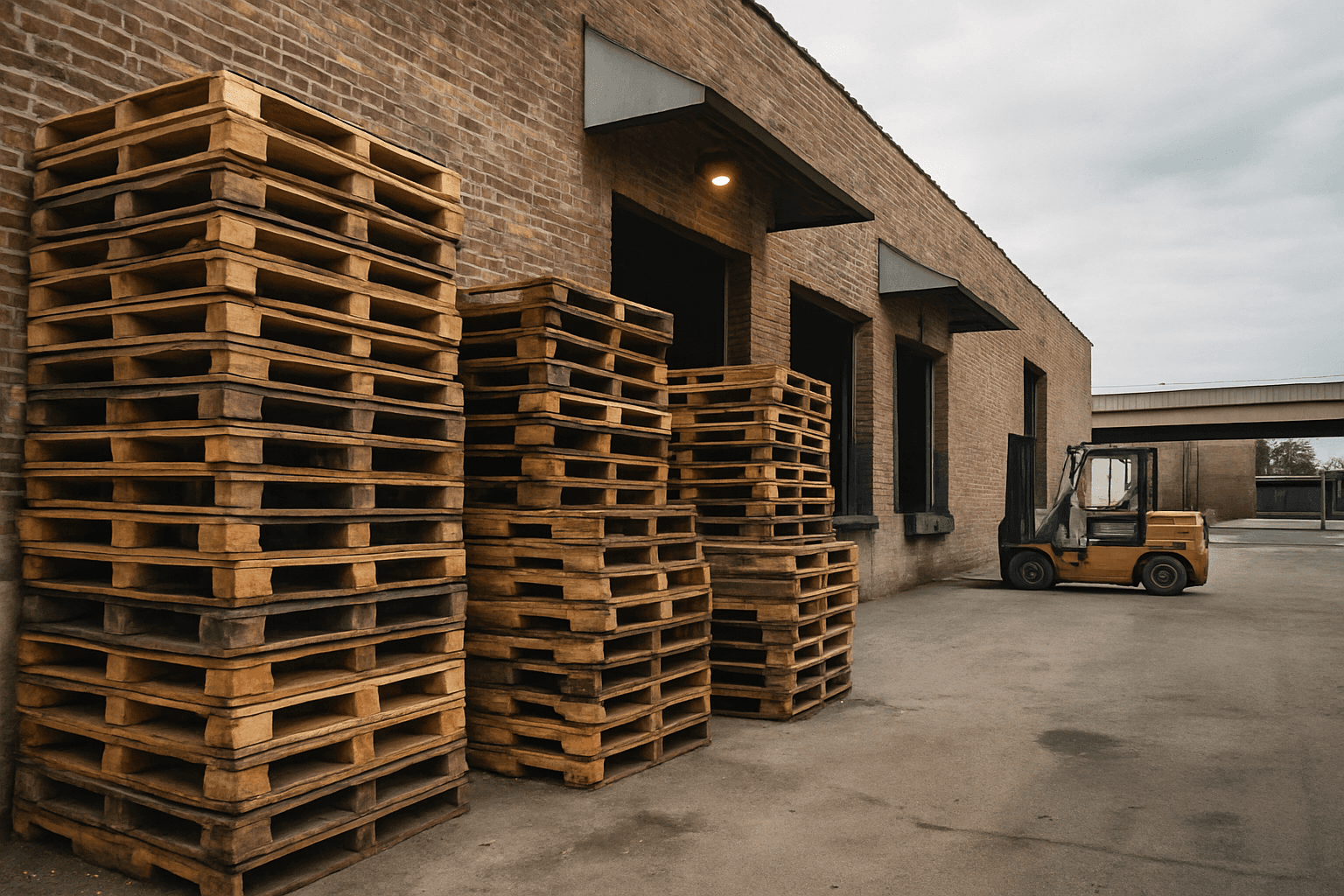 Stacked wood shipping pallets at Chicago warehouse loading dock
