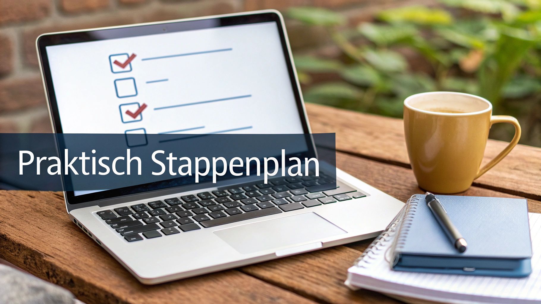 Laptop op een houten tafel met een checklist op het scherm, een koffie en notitieblok. Overlay tekst: Praktisch Stappenplan.