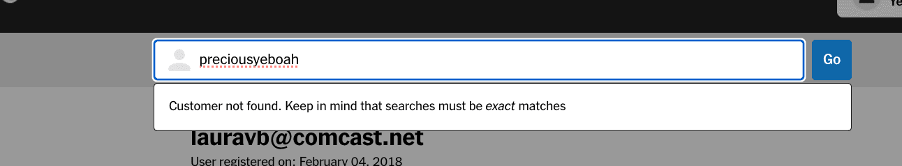 Search error illustrating exact-match-only behavior