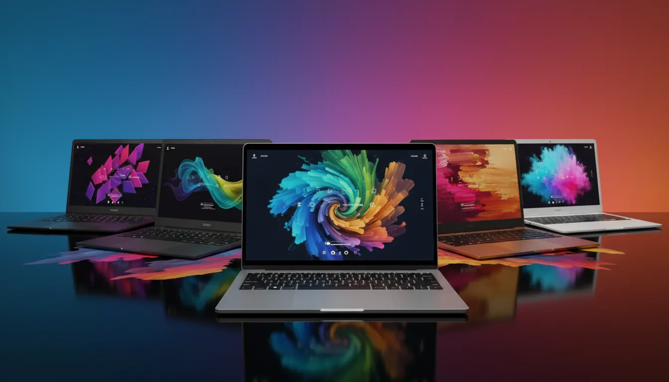 DSLR product photography of five different high-performance laptops arranged on a glossy, reflective desk. One silver laptop is centered in the foreground, with four other laptops lined up behind it. All laptops are open, their bright screens displaying unique, colorful abstract digital art wallpapers and minimal UI elements. The scene is illuminated by dramatic, soft studio lighting, with a vibrant, glowing background that smoothly gradients from cyan on the left to magenta and bright orange on the right, casting colorful reflections across the scene.