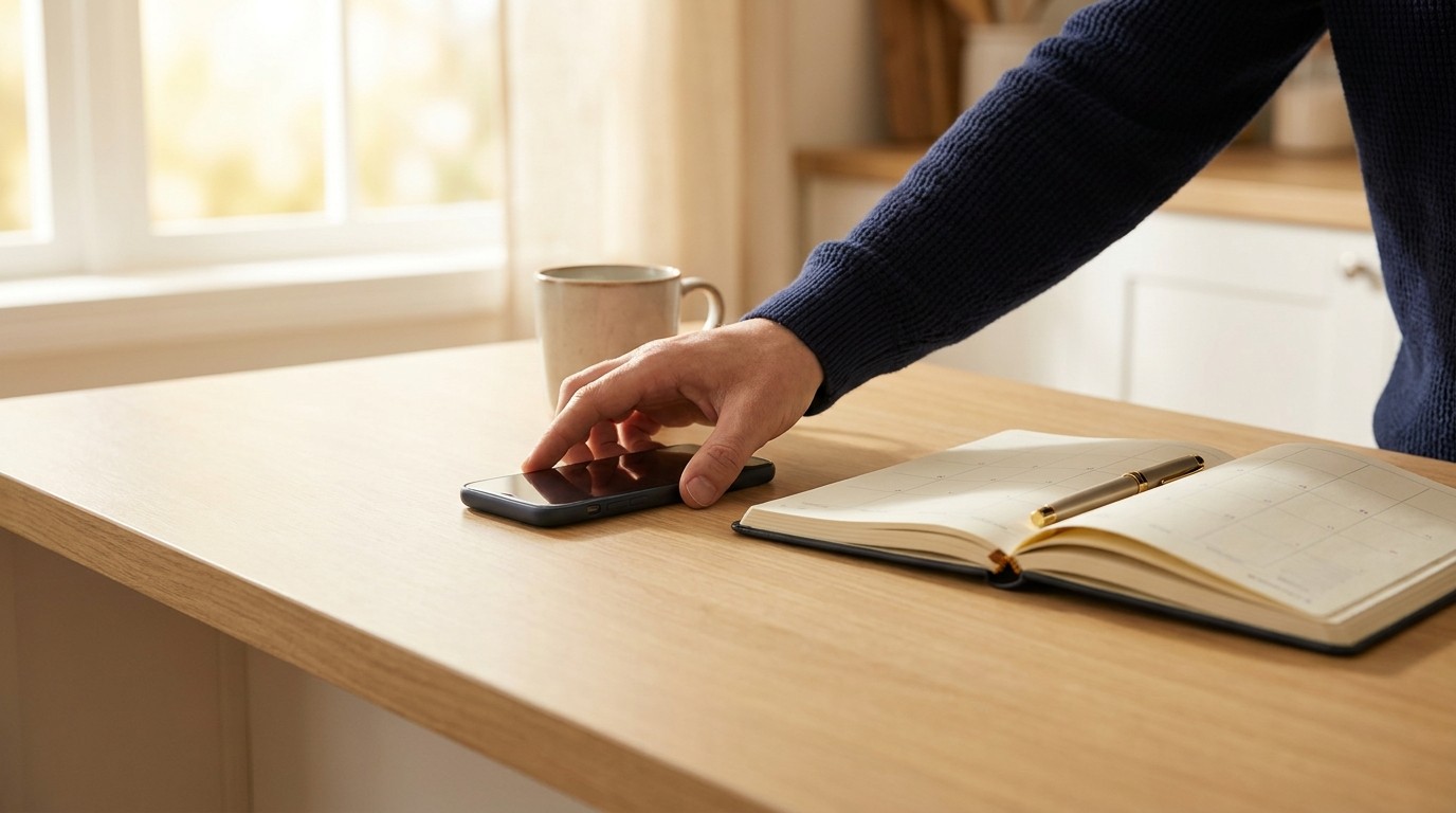 A hand reaches for a phone on a wooden kitchen table beside an open calendar planner and a mug in morning light
