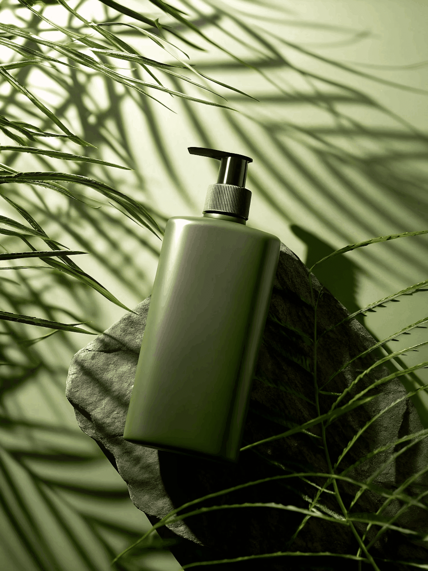 Green cosmetic bottle with pump in natural setting representing product branding