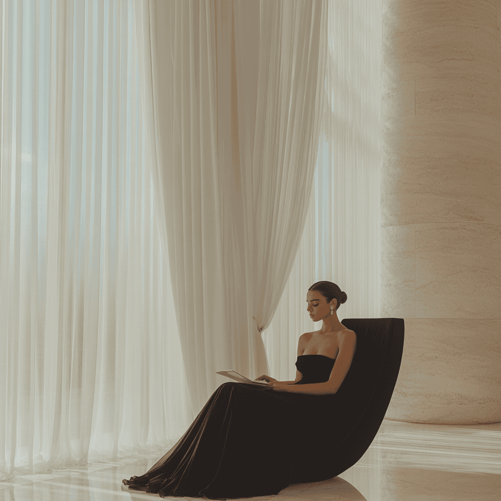 A woman in a black gown sits on a modern chair, reading information her matchmaker has provided, with sheer white curtains and a stone wall in the background.