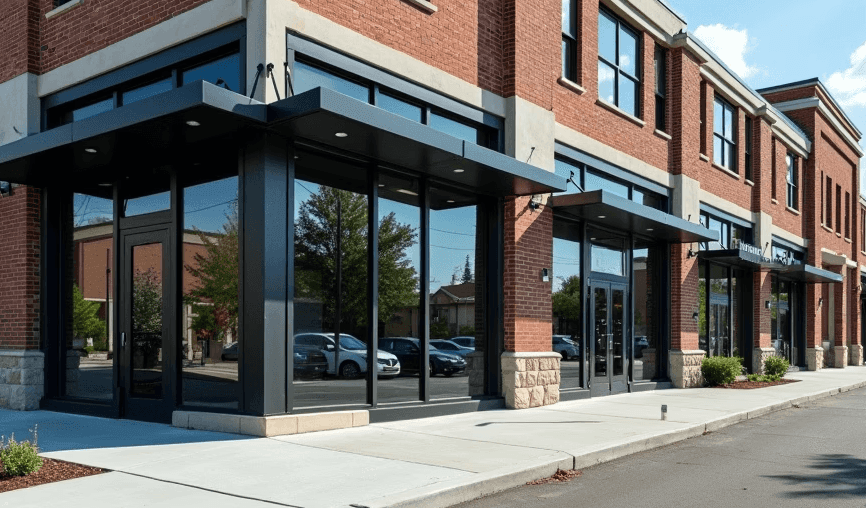 A modern two-story commercial building with a red brick exterior and large black-framed glass windows is shown on a clear, sunny day.