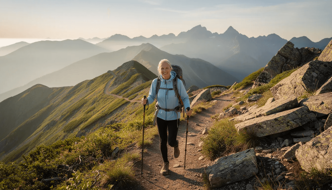 A person is hiking along a scenic mountain trail, embodying an active early retirement lifestyle that reflects financial well-being and the freedom that comes with achieving financial goals. This image represents the pursuit of a fulfilling life post-retirement, supported by careful planning of retirement savings and investment income.