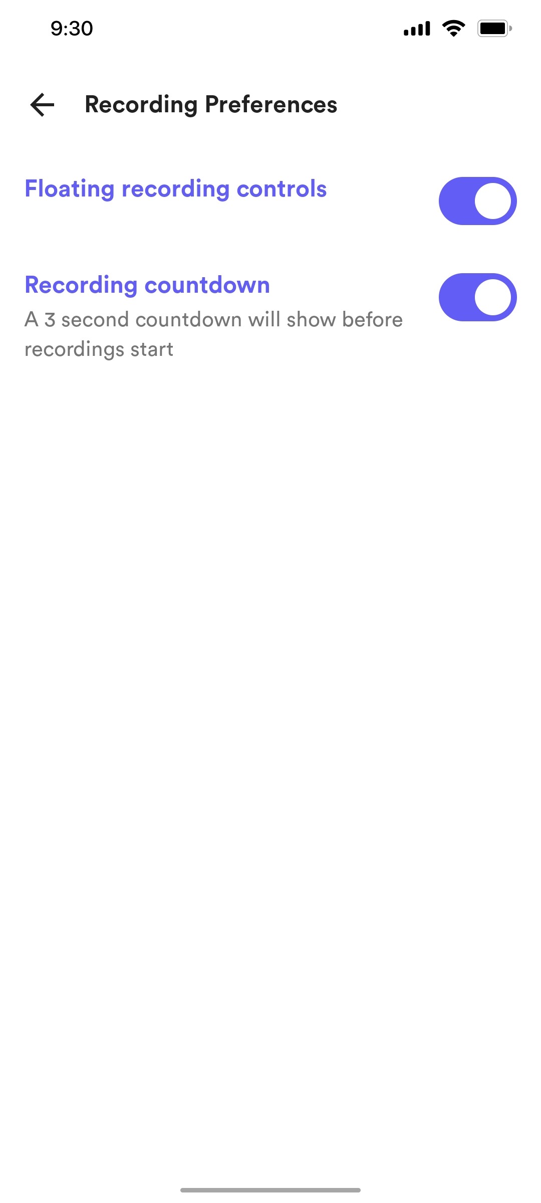 loom Recording preferences screen