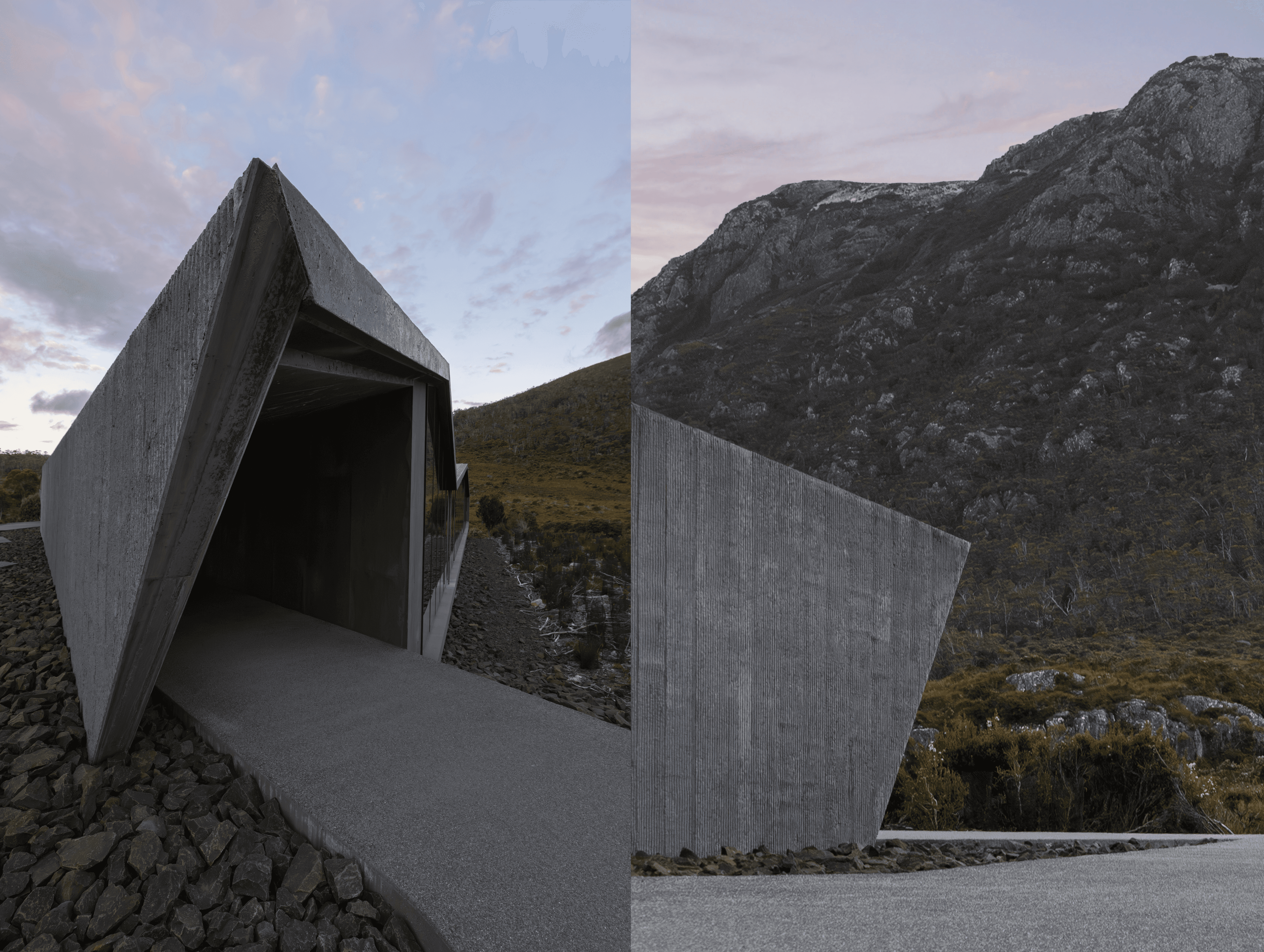 Utilizing the pavement as a clean horizontal base and the concrete wall as a vertical frame creates a structured entryway for the viewer’s eye, guiding it directly into the wild, unrefined landscape of the park.