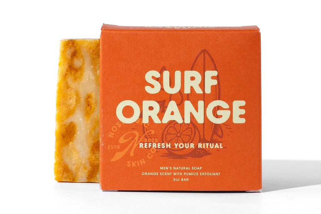 Surf Orange soap packaging with textured bar
