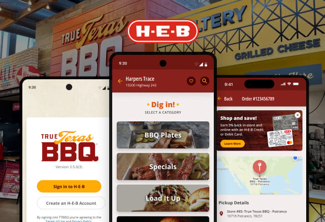 A collage showcasing the H-E-B True Texas BBQ restaurant exterior alongside screens from the H-E-B BBQ mobile app—highlighting menu options and a pickup order—captures creative branding in action.