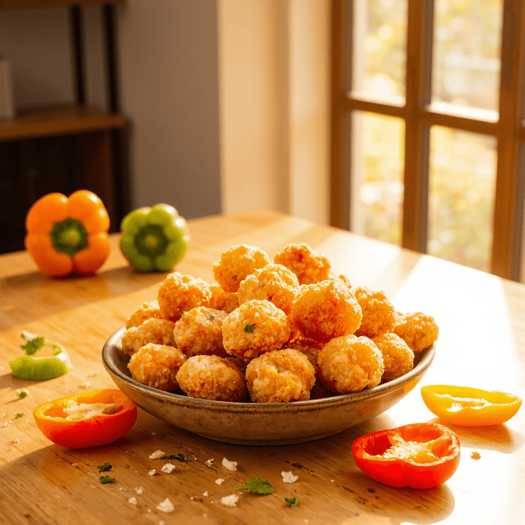 product photography of a plate of crispy fried snacks, typically served as an appetizer or side dish