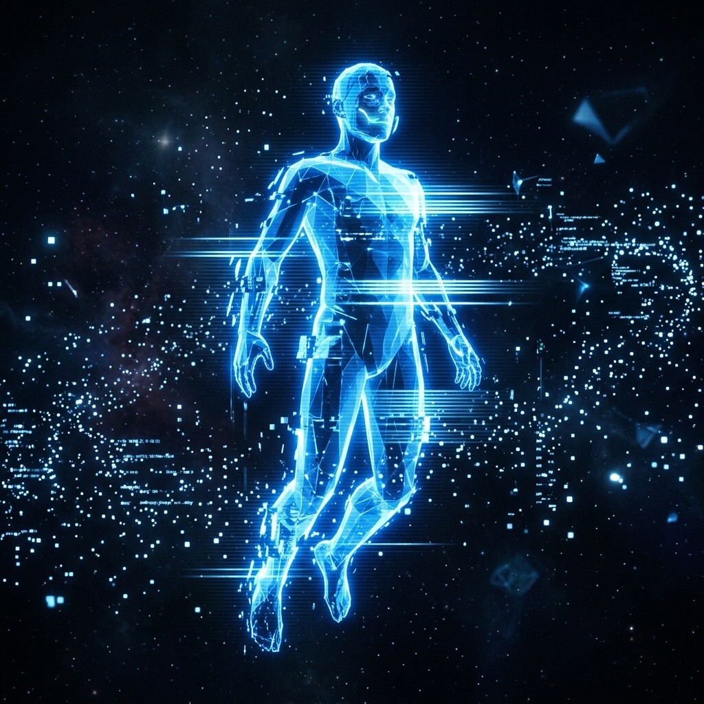 A glitchy, translucent blue avatar flickering with scan lines, low-poly geometry edges, glowing data points, floating in a dark void.