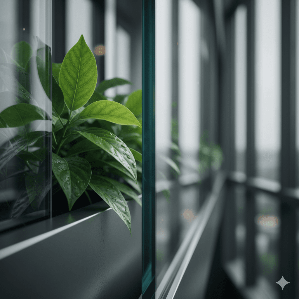 Close-up of green indoor plants integrated into modern glass and steel office architecture