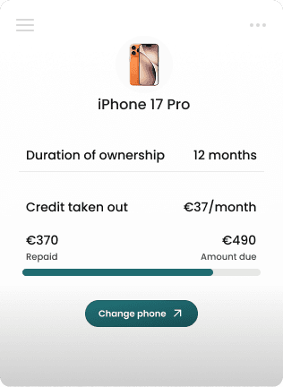 Credit tracking interface for an iPhone 17 Pro, showing a 12-month contract term, a monthly payment of €37