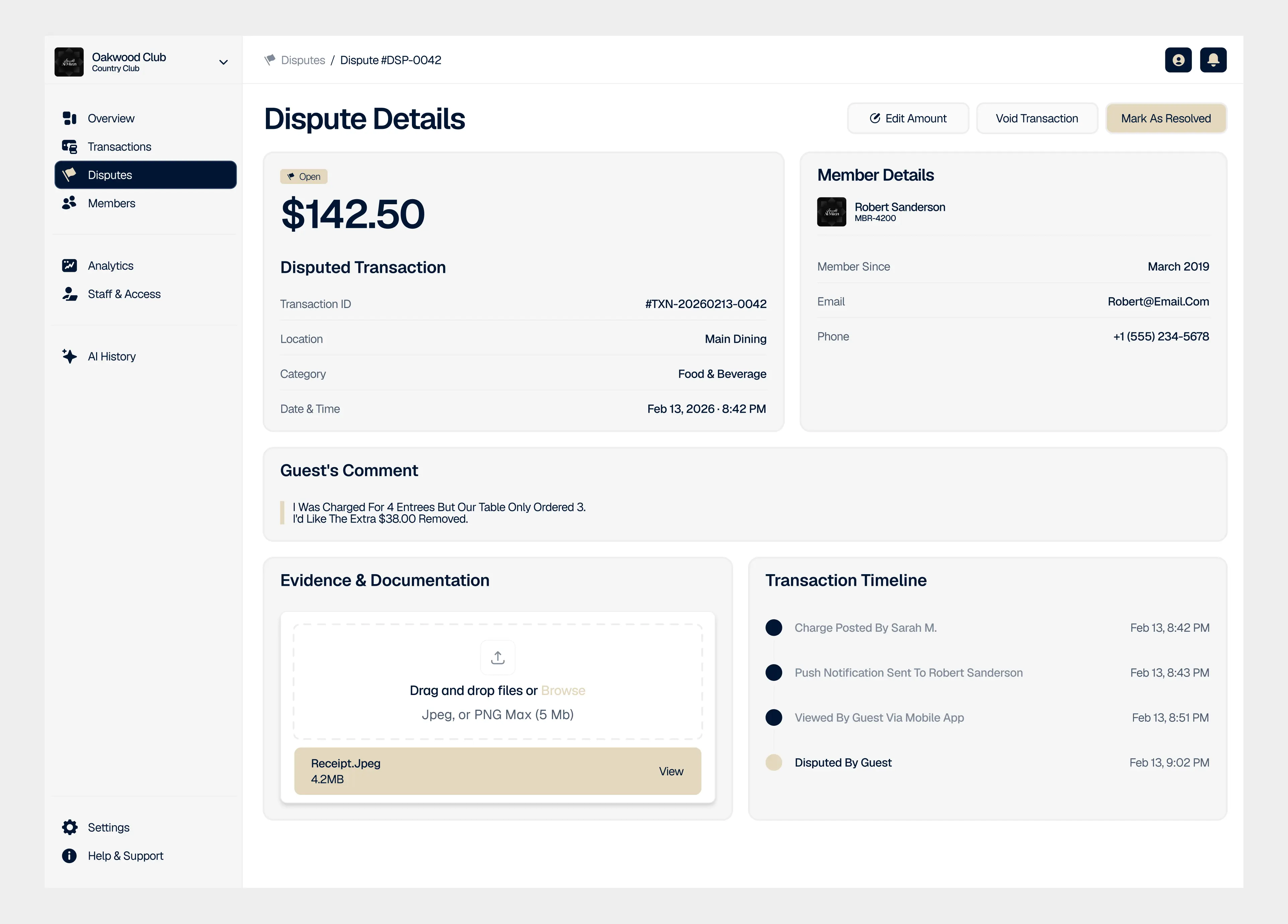 VRYFI NOW management portal dispute resolution panel showing transaction details, dispute status, and resolution timeline