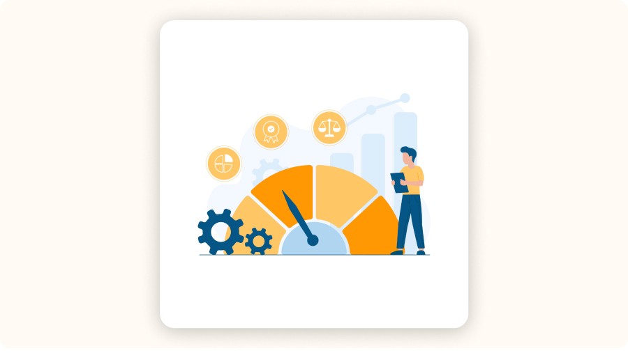 Illustration of a logistics performance indicator with gears and a character analyzing order processing speed in an ecommerce warehouse.