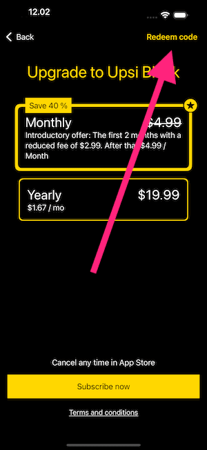 Screenshot of the purchase view with Redeem code button highlighted