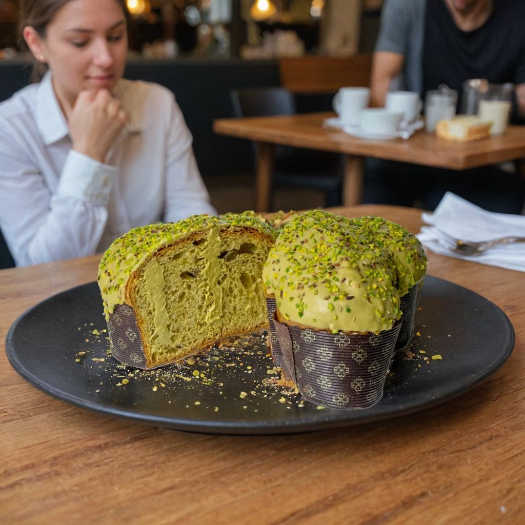 pistachio cake on the table in a cafe with a chef in the backgorund