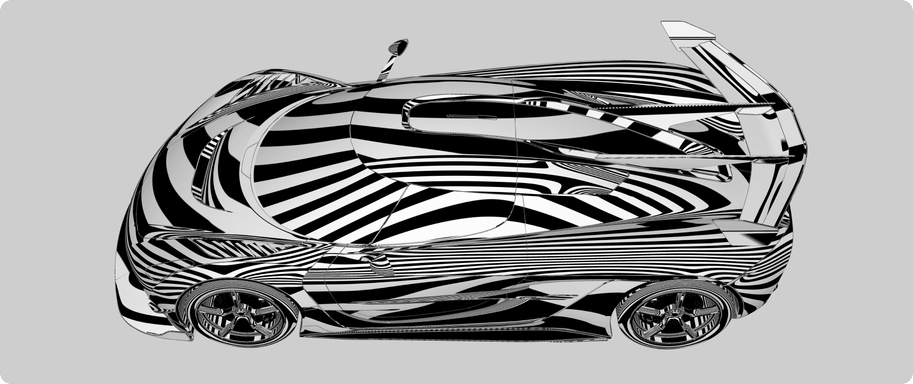 A side tip up zebra render of koenigsegg Jesko done in Autodesk Alias.