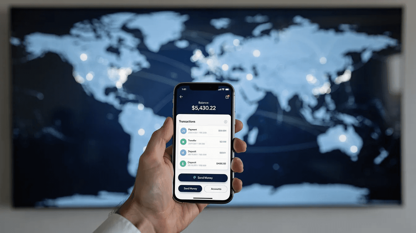 A person holding a smartphone with a banking app showing money transfer options over a world map, highlighting online banking convenience for international payments.
