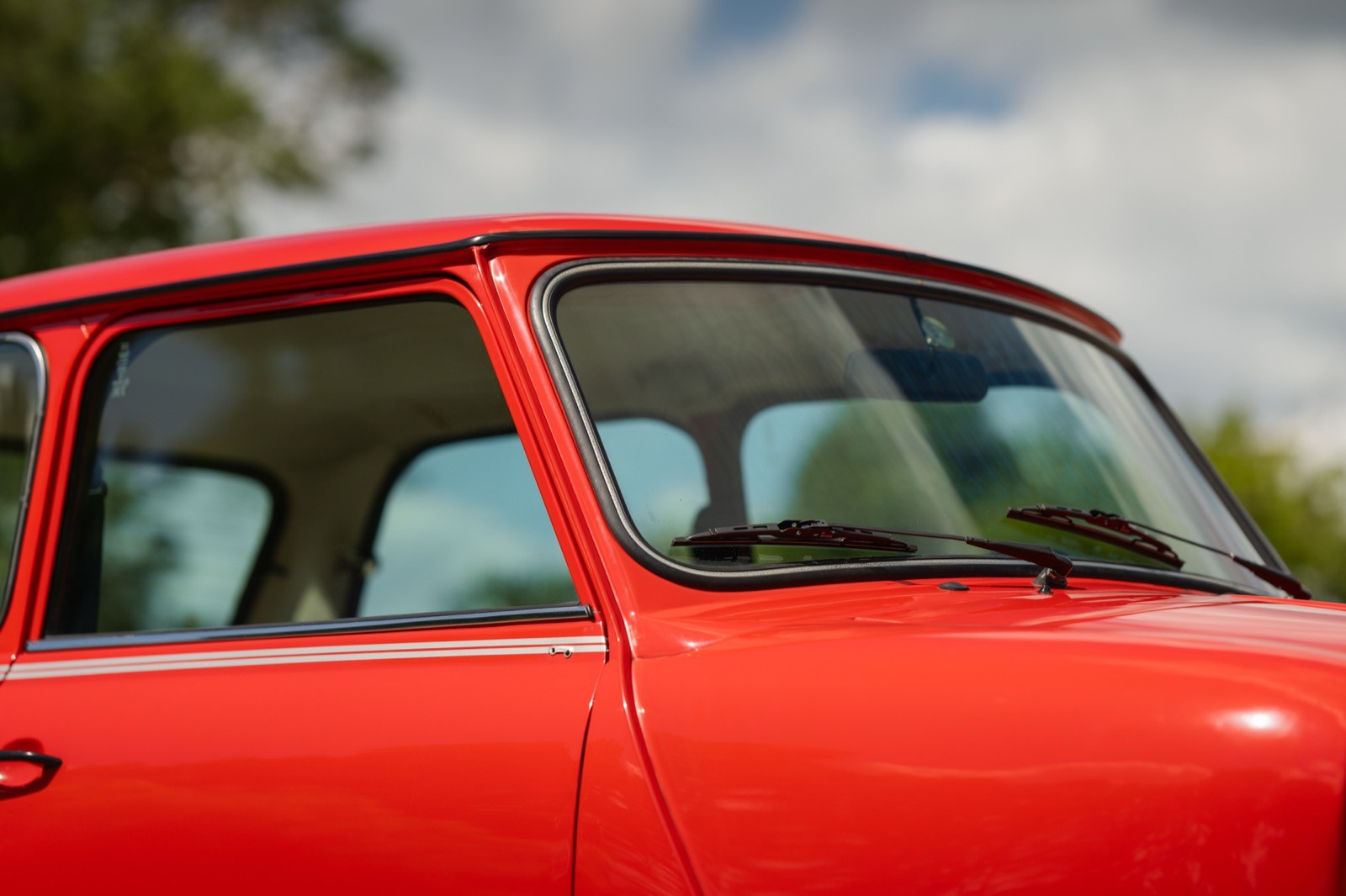 Close-up of a red car showing the window and part of the door with greenery in the background.