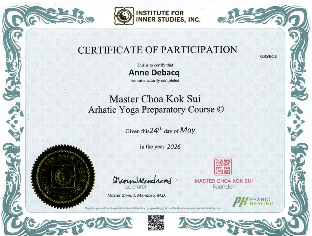 Certificat Arhatic Yoga Preparatory d'Anne Debacq, Institute for Inner Studies, mai 2026