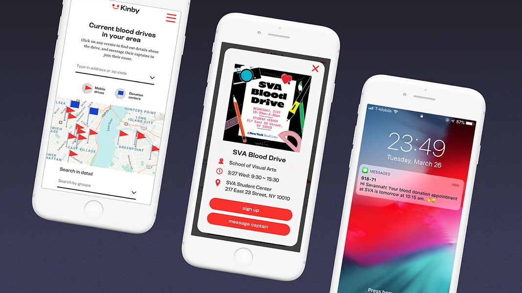Three white iPhones are displayed against a dark blue background. The leftmost phone shows a map interface titled “Current blood drives in your area,” with red arrows indicating locations and a search bar. The center phone displays “SVA Blood Drive” with details including date, time, location, and contact information. The rightmost phone shows the time as 23:49 on Tuesday, March 26, with messages from “Havannah!” and “Savannah Blood Donation Appointment at SVA is tomorrow at 10:15 am.”